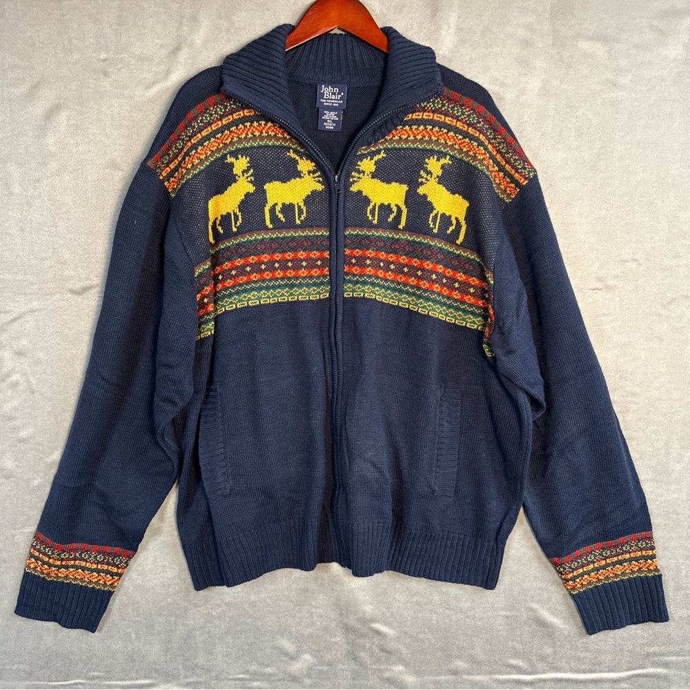 John Blair Mens 3XL Nordic Reindeer Zip Sweater Blue Acrylic Winter Holiday